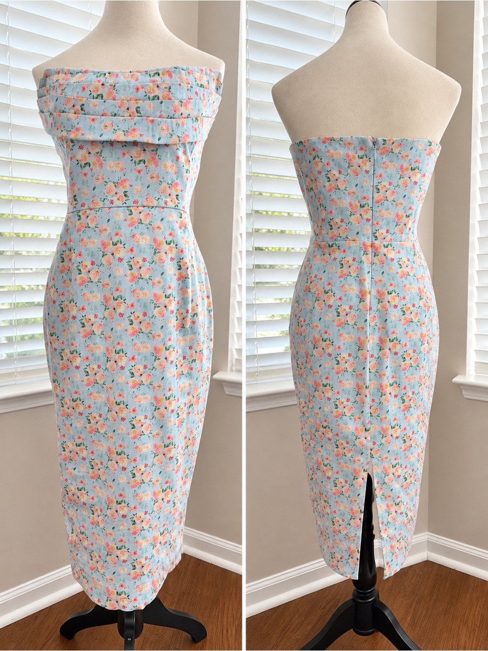 Lavish Alice Strapless Floral Midi Dress in Light Blue size 8